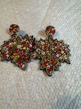 Beaded Leaf Statement Earrings in Red, Yellow & Green